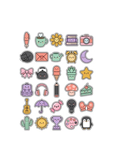 30 Adet Sevimli Obje Sticker Seti - Laptop Defter Telefon Kılıfı Çok Renkli