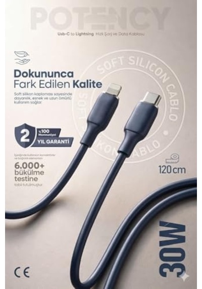 30w Potency Type-c To Lightning İle Uyumlu Isıya Dayanıklı Hızlı Şarj Ve Data Kablosu 1.2m Siyah