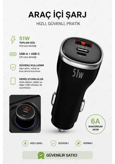 Nivego 51w Pd 6a Araç İçi Hızlı Şarj Cihazı Usb-c + Usb-a Çift Çıkışlı Type-c Ve İphone Uyumlu Oto Çakmaklık Şarj Adaptörü