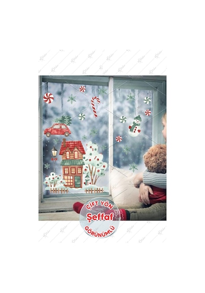 Yılbaşı Karlı Ev Ağaçlar Yeni Yıl Süsleri Çocuk Bebek Odası Sticker Seti - Şeffaf Dijital Baskı