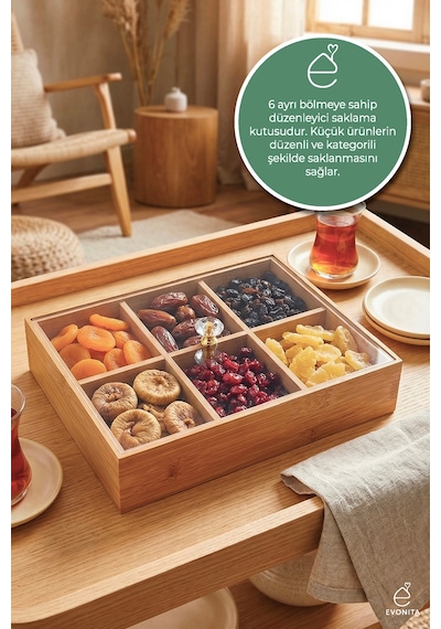 Ahşap Kapaklı Çok Gözlü Kahvaltılık Sunum Kutusu Şık Sofra Düzenleyici Servis Organizer Kahverengi
