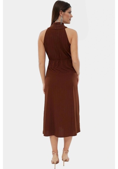 Ersefa Rahat A Line Crinkle Dokuma Maxi Elbise Polyester Halter Yaka Ka Kahverengi