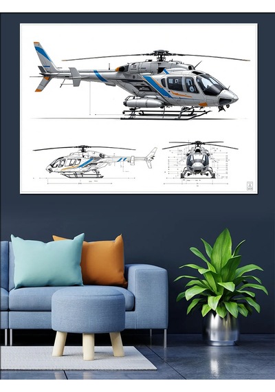 Mühendislik Çizimli Helikopter Dekoratif Kanvas - Mdf Ahşap Tablo