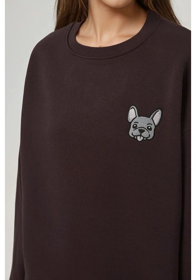 Hiccup Rahat Hayvan Nakışlı Şardonlu Bisiklet Yaka Hoodie Kestane Kahvesi