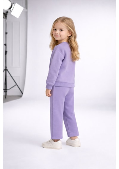 Lumino Kız Çocuk Taşlı Fiyonk Takım Lila Sweat & Pantolon 3-8 Yaş Lila