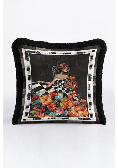 Çiçekli Retro Sanat Saçaklı Yastık Kılıfı - Kadın Figürlü Bohem Siyah Renkli Püsküllü Kırlent Kılıfı Mat Fırtına Pembe Çiçekli Retro Sanat Saçaklı Yastık Kılıfı - Kadın Figürlü Bohem Siyah Renkli Püsküllü Kırlent Kılıfı Mat Fırtına Pembe
