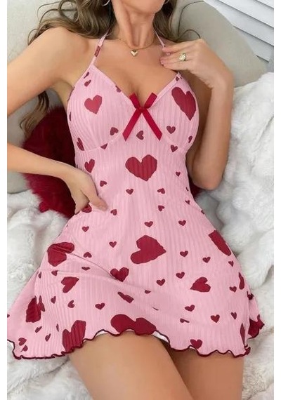 Kadın Pembe Kırmızı Kalp Desenli Askılı Sırt Dekolteli Elbise 5064