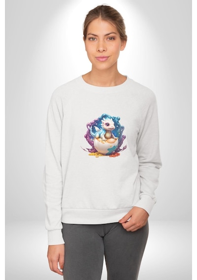 Sevimli Bebek Ejderha Elmas Yumurta Unisex Beyaz Baskılı Sweatshirt Beyaz