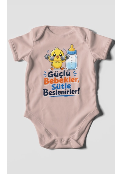 Morivokids Güçlü Bebekler Sütle Beslenir Kısa Kollu Bebek Body %100 Pamuk Pastel Pembe