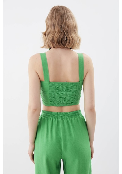 Vitrin Sedef Düğmeli Sırtı Gipeli Crop Bluz YEŞİL