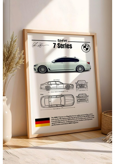Bmw 7 Serisi Tablo - Teknik Özellikli Alman Lüks Sedan Poster - Çerçeveli Duvar Dekoru - Blueprint Kayın