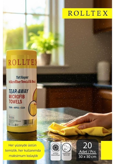 Rolltex Yırt Kopar %100 Mikrofiber Temizlik Bezi 30x30cm 20'li Sarı Renk Gri