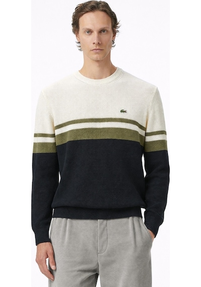 Lacoste Erkek Classic Fit Haroşa Örgü Renk Bloklu %100 Pamuk Lacivert Bej Haki Kazak Lacivert