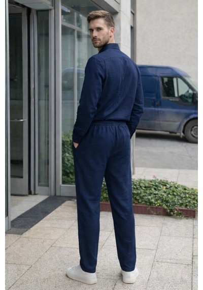 Erkek Oversize Keten Takım Salaş Kesim Gömlek Pantolon Yazlık Kombin Lacivert