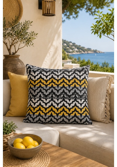 Fuly Consept Rhythmweave Noir Siyah Gri Hardal Dokulu Görünümlü Modern Geometrik Kırlent Kılıfı Çok Renkli