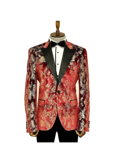 Wessi Dik Yaka Slim Fit Altın Desenli Bordo Balo Ceket - Wessi Bordo