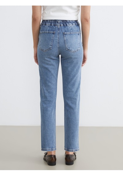 Lcw Comfort İndigo Beli Lastikli Mom Fit Kadın Jean Pantolon