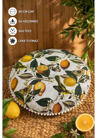 Yuvarlak Minder 40 Cm Ponponlu Limon Desenli Su Geçirmez Sıvı İtici Bahçe Balkon Minderi Çok Renkli