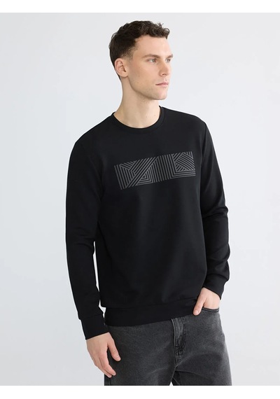 Lc Waikiki Siyah Bisiklet Yaka Baskılı Erkek Sweatshirt