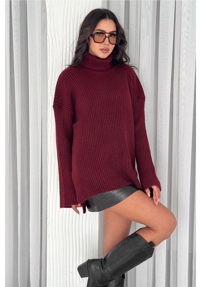 Femelle Kadın Bordo Standart Beden Basic Boğazlı Oversize Triko Kazak