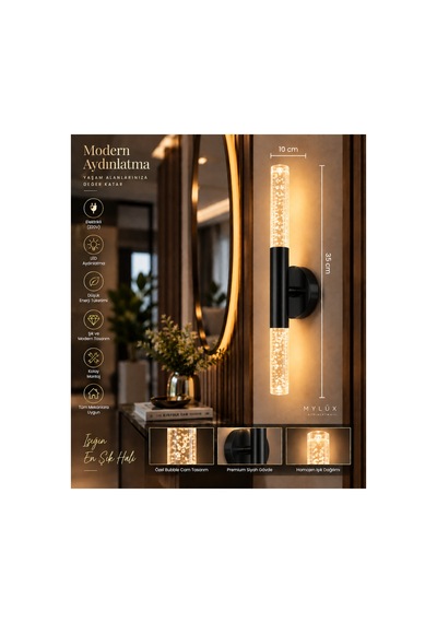 Mylüx Umut Kabarcıklı Aplik Siyah 220v Elektrikli Led 35 Cm Modern Dekoratif Duvar Aydınlatma Siyah Siyah