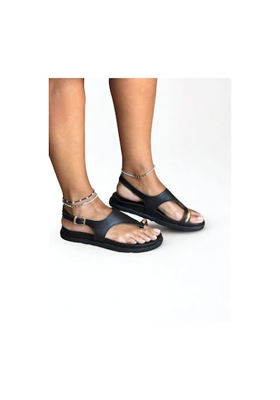 Ne&ve Shoes Siyah Deri Tokalı Parmak Arası Kadın Günlük Sandalet