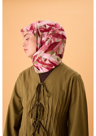 Silk Home Organik Pamuk İpek Eşarp Su Yeşili-pembe-çilek Kırmızısı Desenli Kaymaz Tok Duruşlu 90x90 Çok Renkli