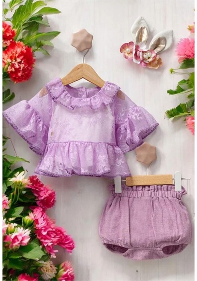 Cantoy Kız Bebek Tül Detaylı Şortlu Taçlı 3'lü Takım Mor