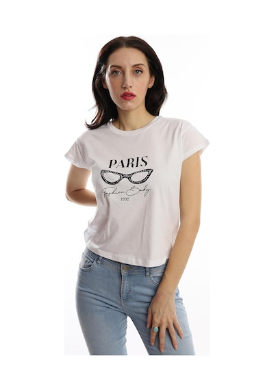 Kadın Paris Yazı Baskılı Crop Tişört Beyaz