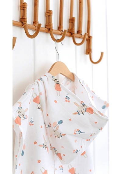 Esti Baby Kapşonlu Müslin Panço %100 Pamuk Bebek / Çocuk Plaj Havlusu / Bornozu Rabbit