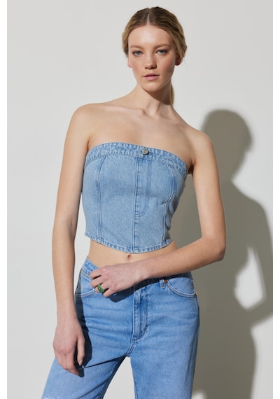 Wrangler Regular Fit Normal Kesim Askılı Açık Mavi Jean Crop Bluz