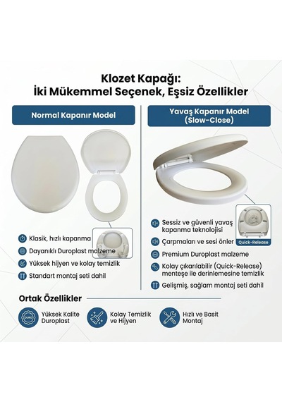 Klozet Kapağı, Akdeniz Modeli Duroplast Malzeme, Beyaz, Oval, Yavaş Kapanır Ve Normal Kapanır Model, Tak Çıkar Me Diğer