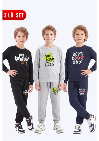 Panios Kids 3'lü Erkek Çocuk Baskılı Bisiklet Yaka Çift Cepli Eşofman Takımı Siyah-gri-lacivert