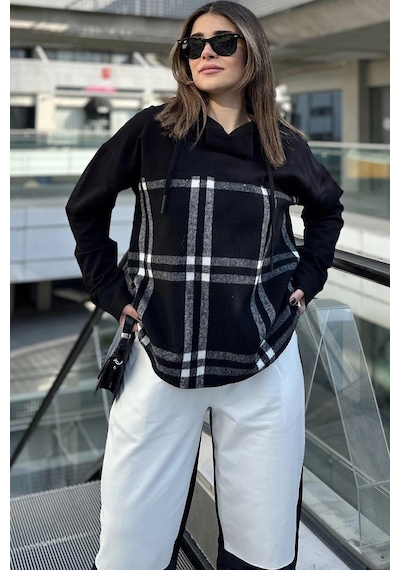 WeShaya Kadın Siyah Ekose Garnili, Rahat Kesim, Kapüşonlu İki İplik Sweatshirt Siyah