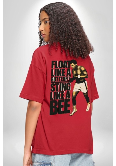 Kelebek Gibi Uçar Arı Gibi Sokarım Ali Boks Kırmızı Oversize Unisex Ön Ve Sırt Baskılı Tişört Kırmızı