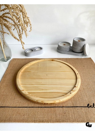 Yuvarlak Doğal Ahşap Sunum Tabağı Çukur Ahşap Sunumluk Beyaz Çam Çap:28cm