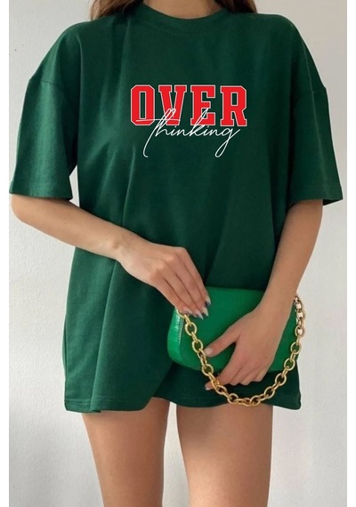 Unisex Over Thinking Baskılı T-shirt Yeşil