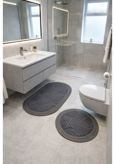 Melena Carpet Premium Kaymaz Taban Banyo Paspası Jüt Kenar Detaylı Oval Yuvarlak Set 100x60-60x60 Antrasit