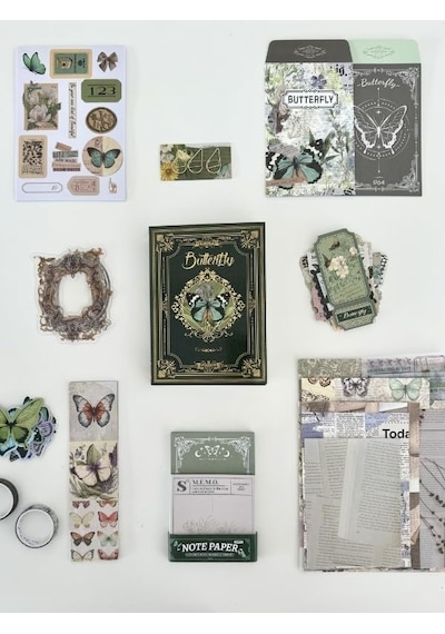 Vintage Butterfly Archive Kelebek Temalı 140 Parça Dopdolu Journal Scrapbook Seti/defter/washi