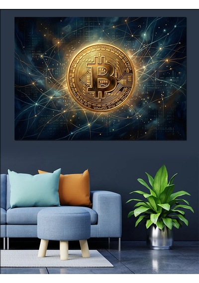 Galaksi İçinde Altın Bitcoin Logosu Dekoratif Kanvas - Mdf Ahşap Tablo