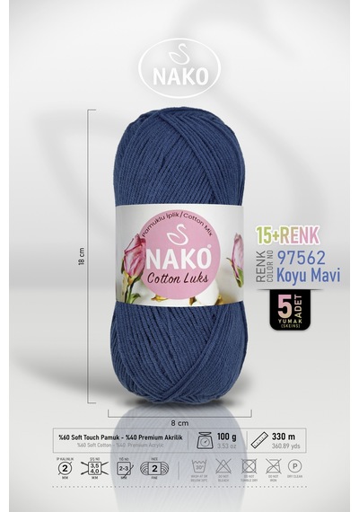 Cotton Lüks - 97562 Koyu Mavi - 5'li Paket - 100gr/330m - Pamuklu Hırka Yelek Amigurumi İpi
