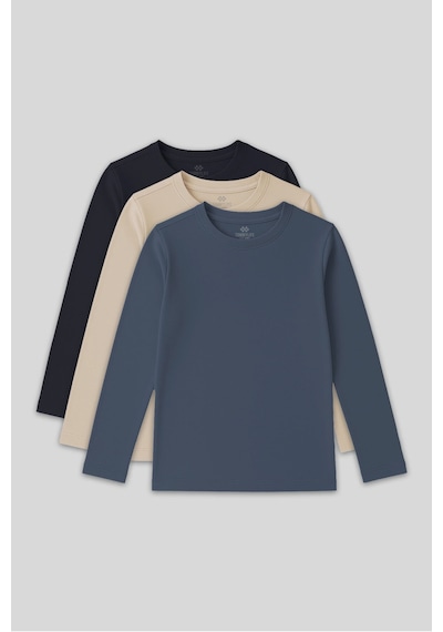 Standart Fit Basic O Yaka 3lü Paket Lacivert-bej-koyu Mavi Unisex Çocuk T-shirt - 11329 Lacivert - Beyaz