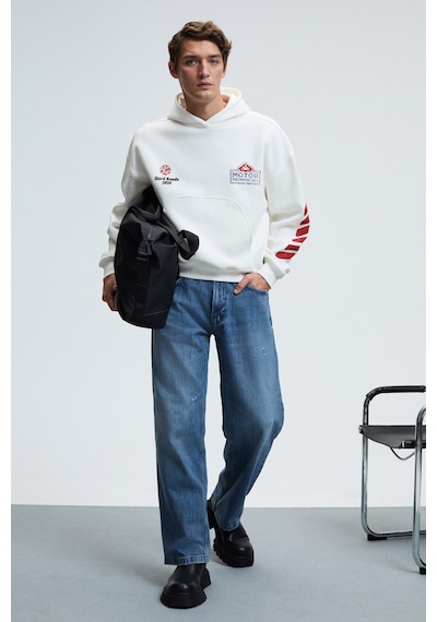 Grimelange ABISMO Erkek Kapüşonlu Kanguru Cepli Kolları ve Sırtı Baskılı Relaxed Fit Beyaz Sweatshirt