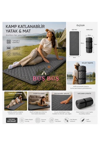 Taşınabilir Katlanır Outdoor Matı, Katlanır Yatak, Karavan Kamp Yatağı Anne Yanı Deprem Yatağı 70 190 Tek Kişilik Antrasit - Gri