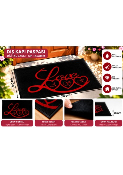 Love 40x70 Cm Dekoratif Kapı Önü Paspası Dijital Baskılı, Kaymaz Pvc Tabanlı, İnce Ve Şık Tasarımlı İç Dış Kapı Paspası Kırmızı Siyah