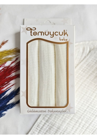 3'lü Bebek Ağız Silme Mendili  Pamuklu 4 Kat Müslin Kumaş Çok Amaçlı Çift Kat Dikimli Ter Bezi Ekru