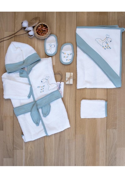 Kız Erkek Yeşil Dino Unisex Bebek Bornoz Takımı Havlu Seti STL6072