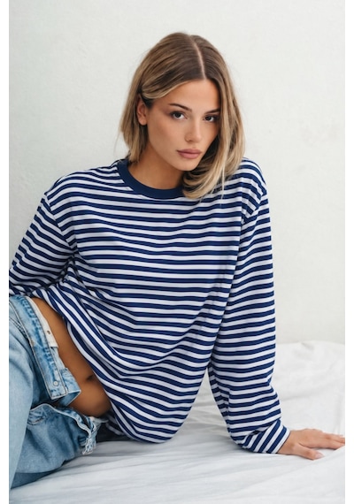Hiccup Bıpantolon Kadın Oversize Çizgili Bisiklet Yaka Sweatshirt Çok Renkli 07
