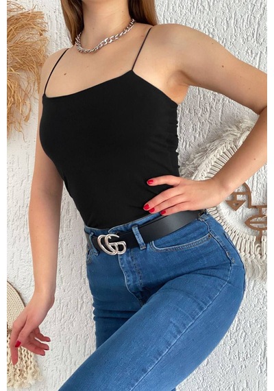 Noa & Noa Kadın İnce Askılı Düz Crop Atlet White Base Siyah