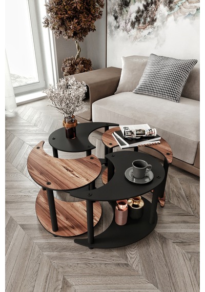Yin Yang Unıty Serenıty Orta Sehpa 4 Lü Siyah Ceviz 70 Cm